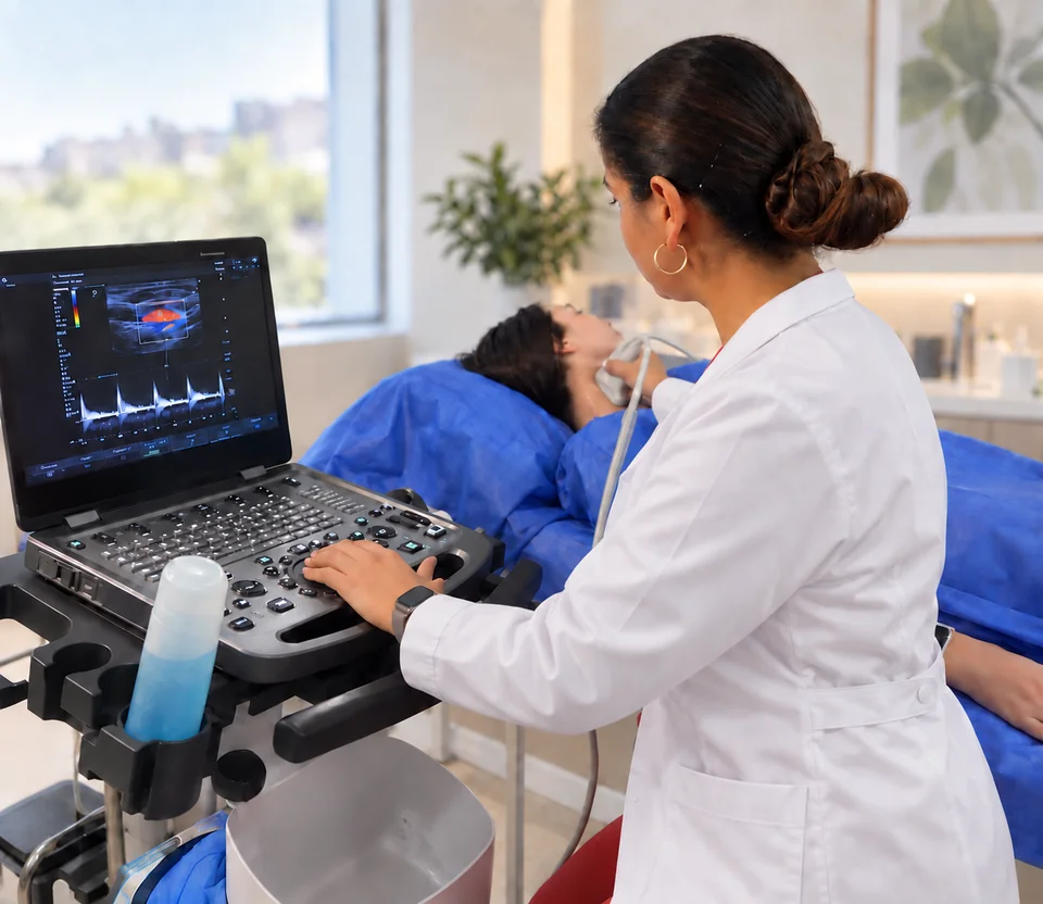 Dra. Johanna Piamonte realizando una ecografía Doppler en el cuello de una paciente